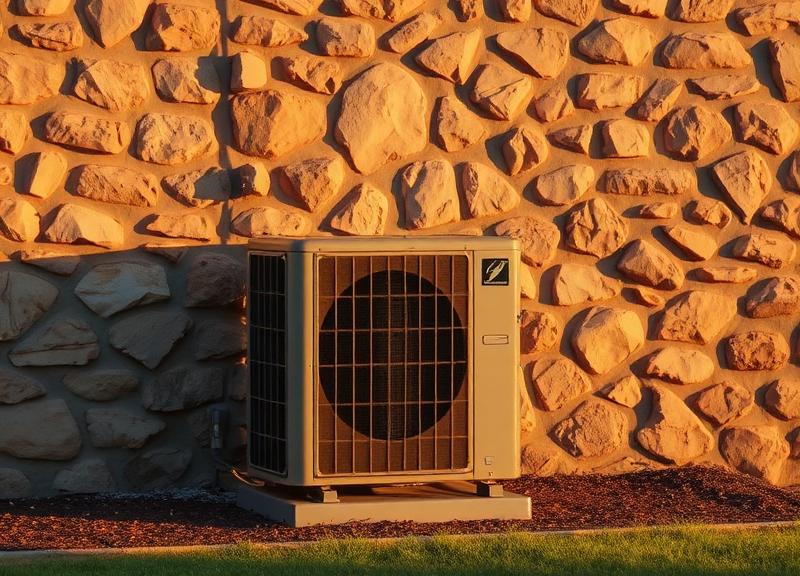 Exterior AC condenser unit against a sandstone wall