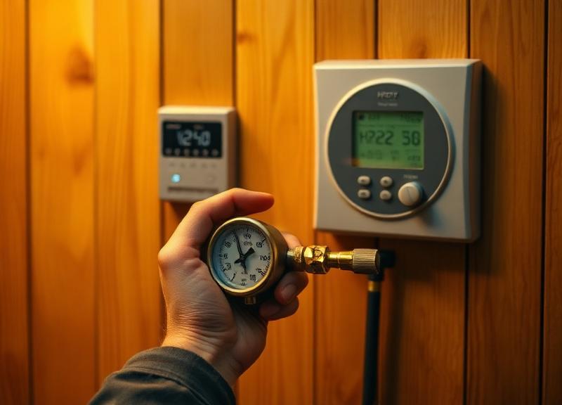 HVAC technician inspecting a thermostat with a gauge